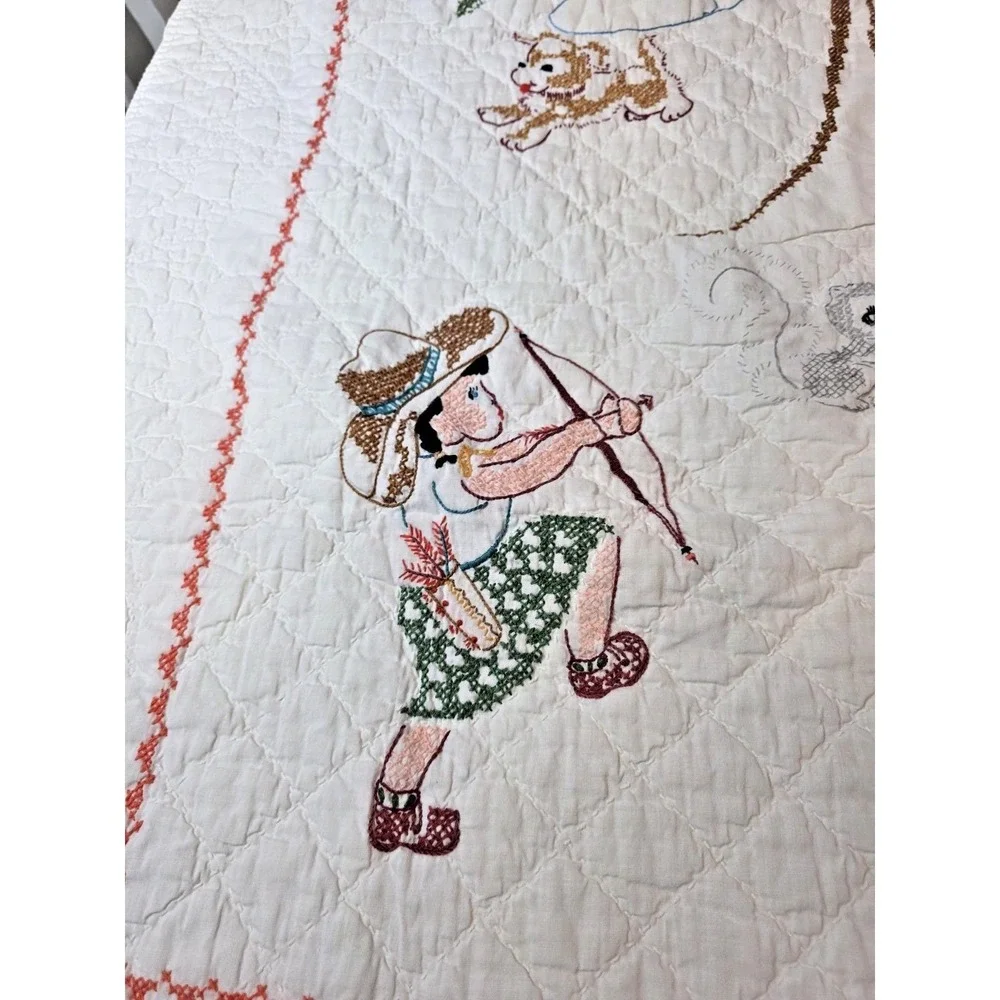 Vintage‎ 1930s Hand Quilted Crib Blanket Nursery Wall Decor Quilt Story Children